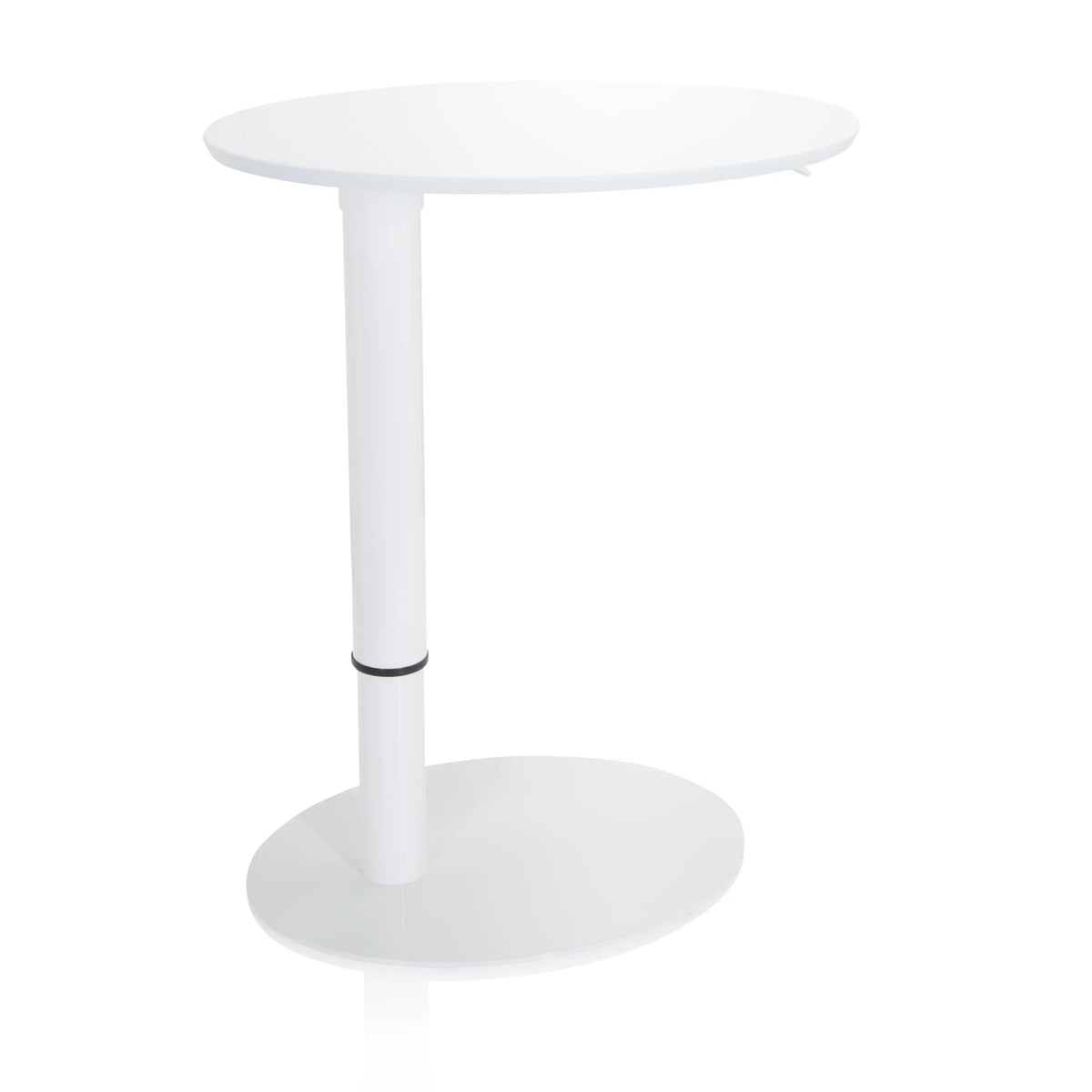 Vitt ståskrivbord STAND III med rund bordsskiva och rund fot från hjh OFFICE – 360-gradersvy (framifrån 20°)
