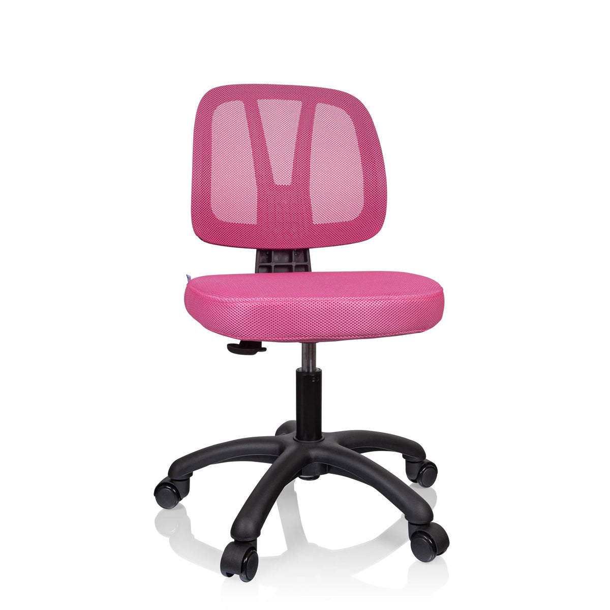 Rosa Snurrstol för barn KID YU 200 med nätrygg och svart femstjärnig fotkryss med hjul från hjh OFFICE – 360-gradersvy (framifrån 15°)