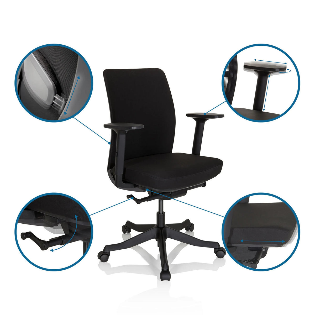 Verstellmöglichkeiten des Profi-Bürostuhls SENATOR an Armlehnen, Sitzhöhe und Sitztiefe von hjh OFFICE