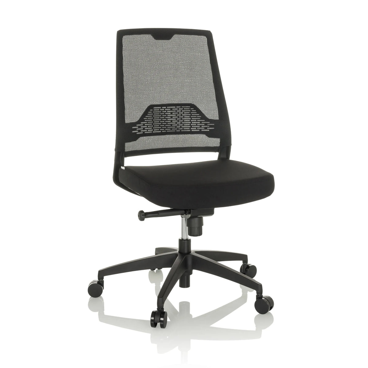 Svart Professionell kontorsstol PORTO ECO I med nätrygg och femstjärnigt fotkors med hjul från hjh OFFICE – 360-gradersvy (framifrån 15°)