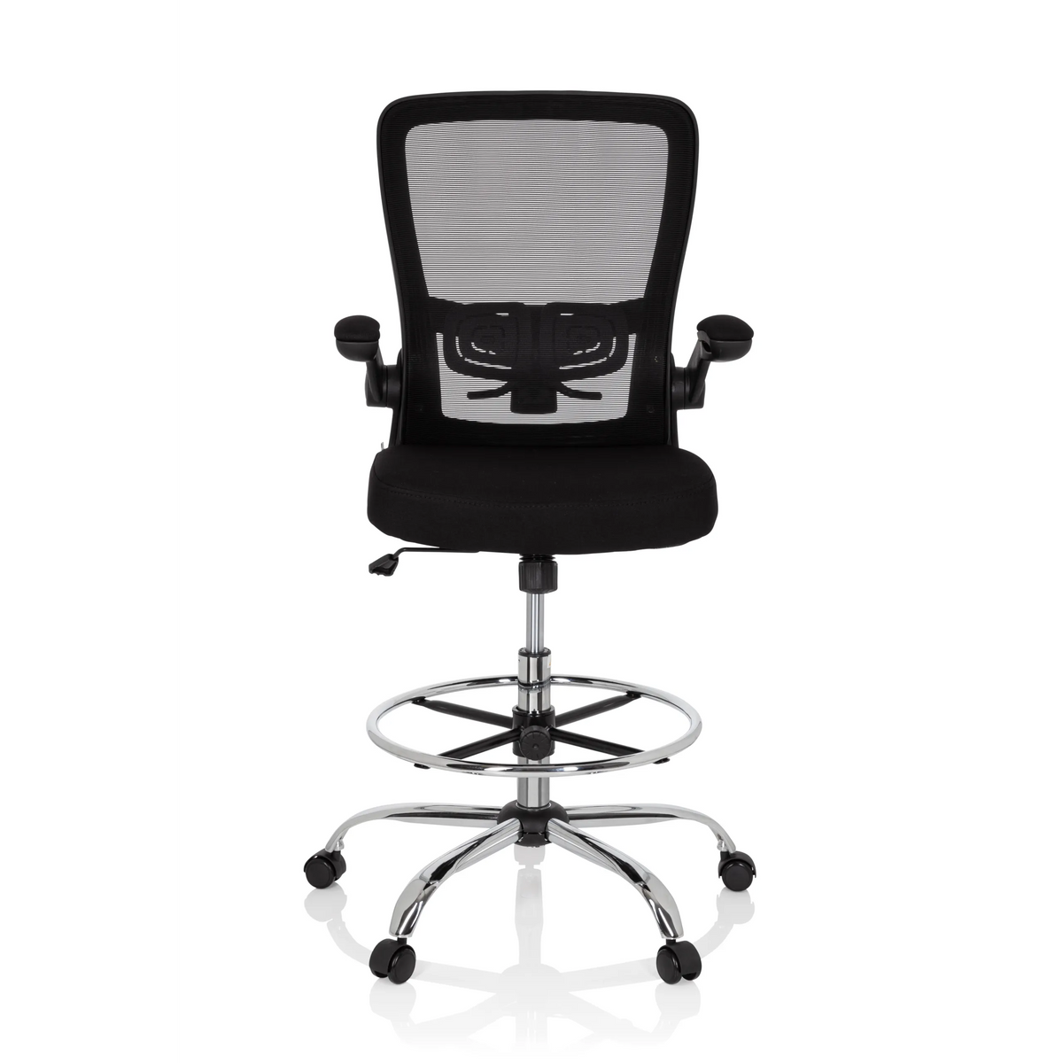Svart Bardiskstol VENDO WORK med nätrygg, fotring och femstjärnigt fotkors med hjul från hjh OFFICE – 360-gradersvy (framifrån 0°)