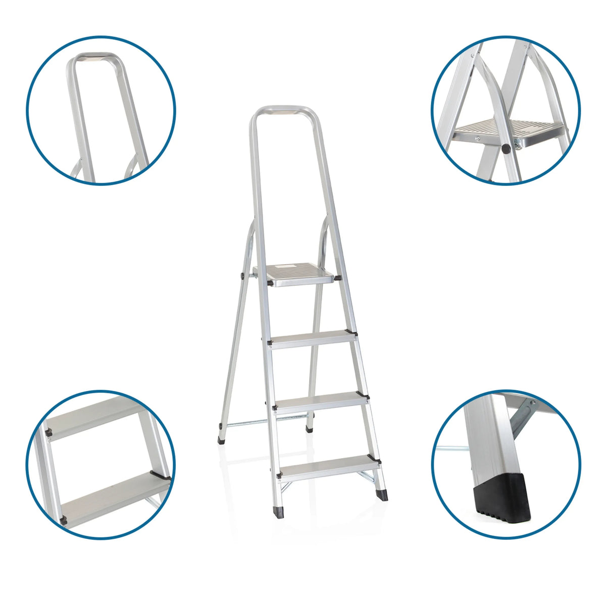 Fällbar stege i aluminium SOLID II med fyra steg, ledstång och halkfria fötter från hjh OFFICE