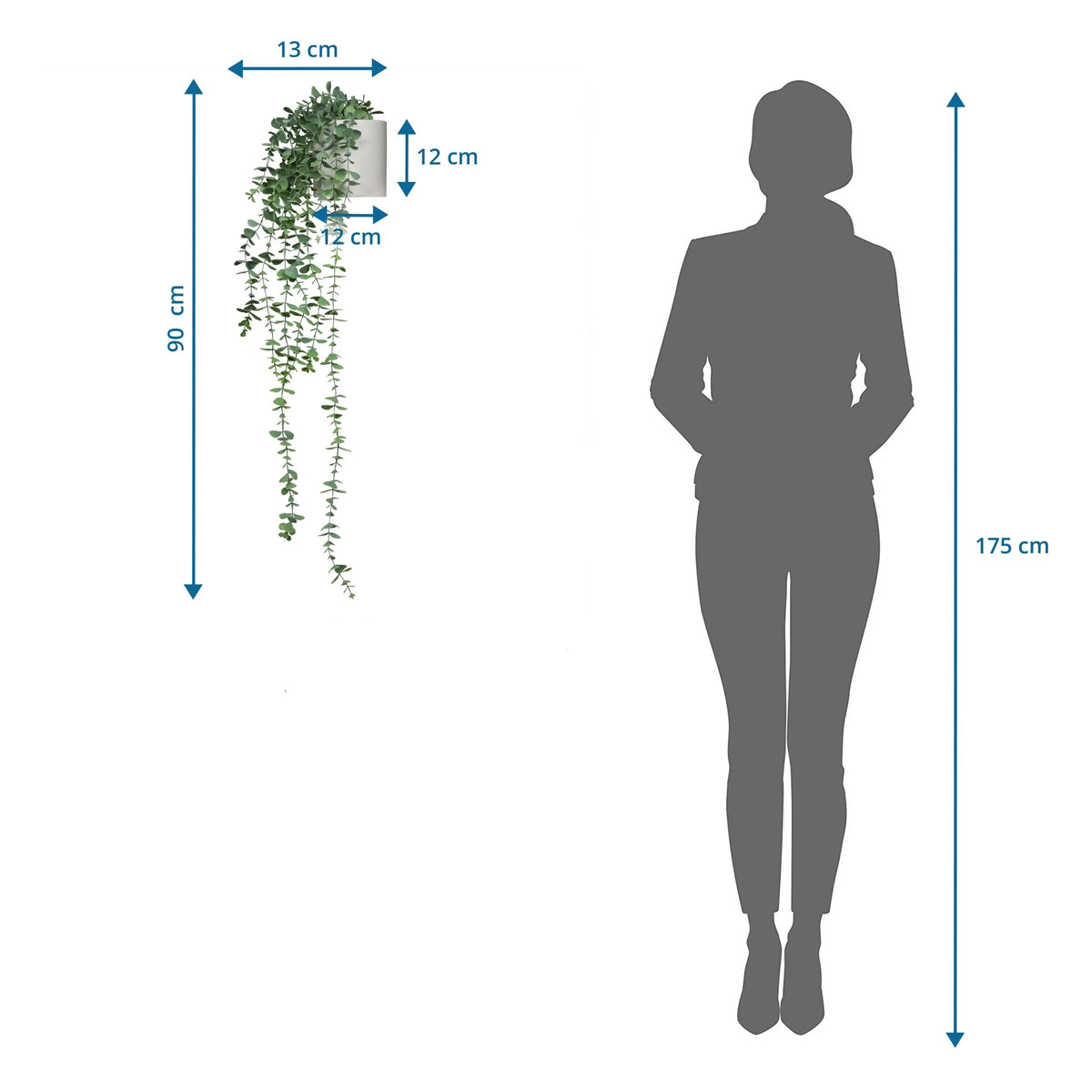 Måttskiss av Konstgjorda växter EUCALYPTUS CLIMB med en total höjd på 90 cm från hjh OFFICE