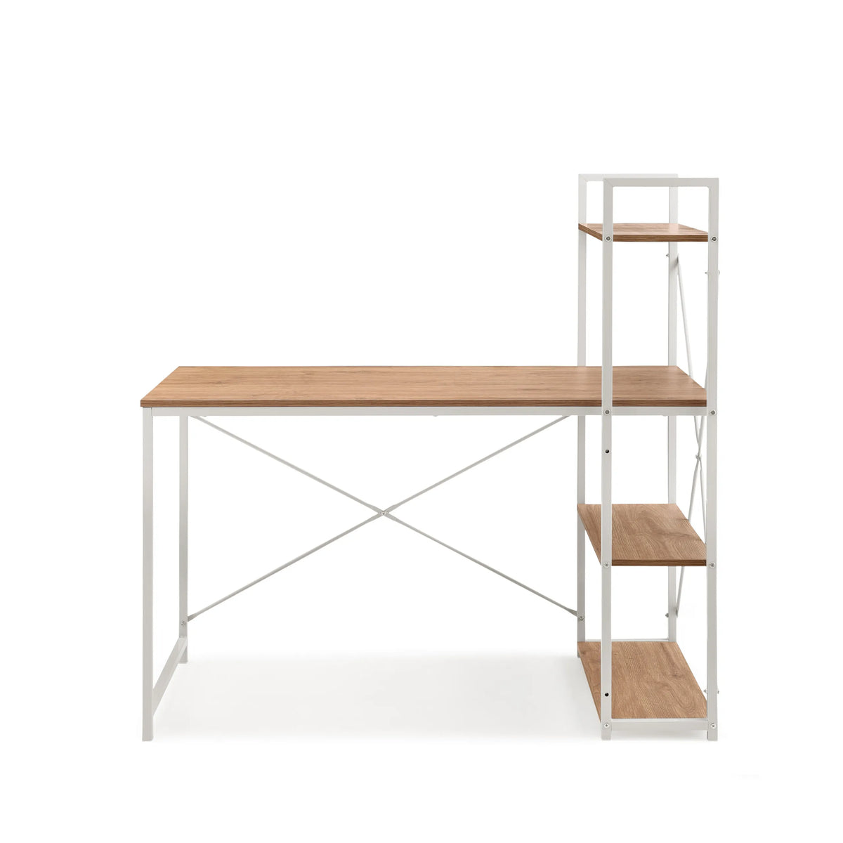 Skrivbord Easy Up3 i vitt och ek med integrerad hylla och X-stag från hjh LIVING – 360-gradersvy (framifrån 0°)