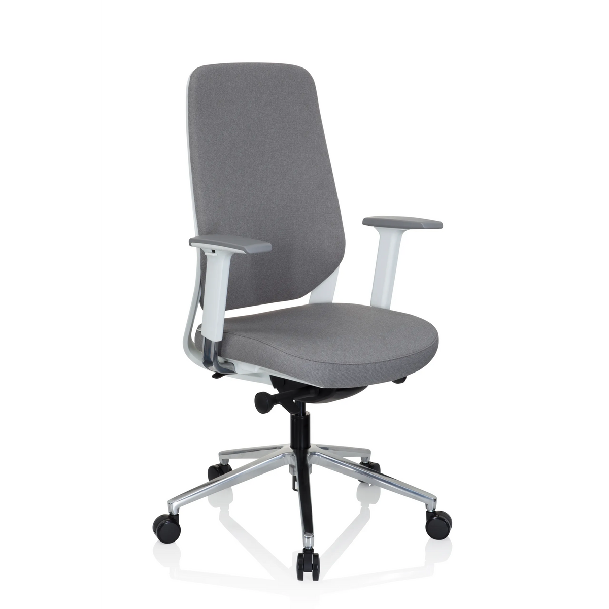 Grå Professionell kontorsstol CHIARO T4 WHITE med armstöd och en femstjärnig fotkorsbas med hjul från hjh OFFICE – 360-gradersvy (snett framifrån 40°)