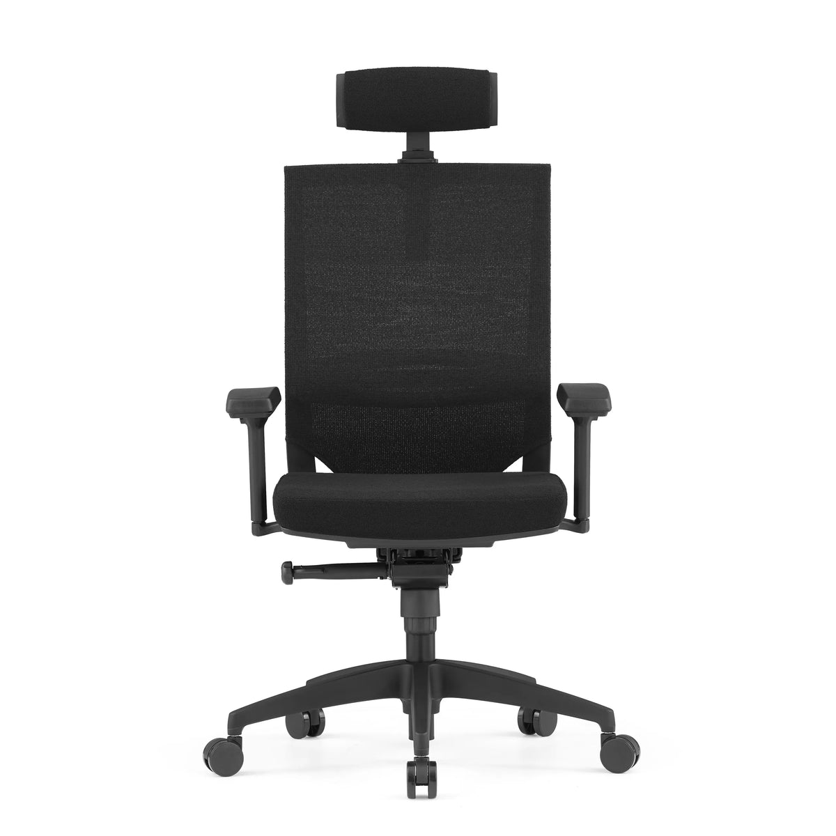 Svart professionell kontorsstol PORTO MAX HIGH I med nätrygg, nackstöd och femstjärnig fotkorsbas med hjul från hjh OFFICE – 360-gradersvy (framifrån 0°)