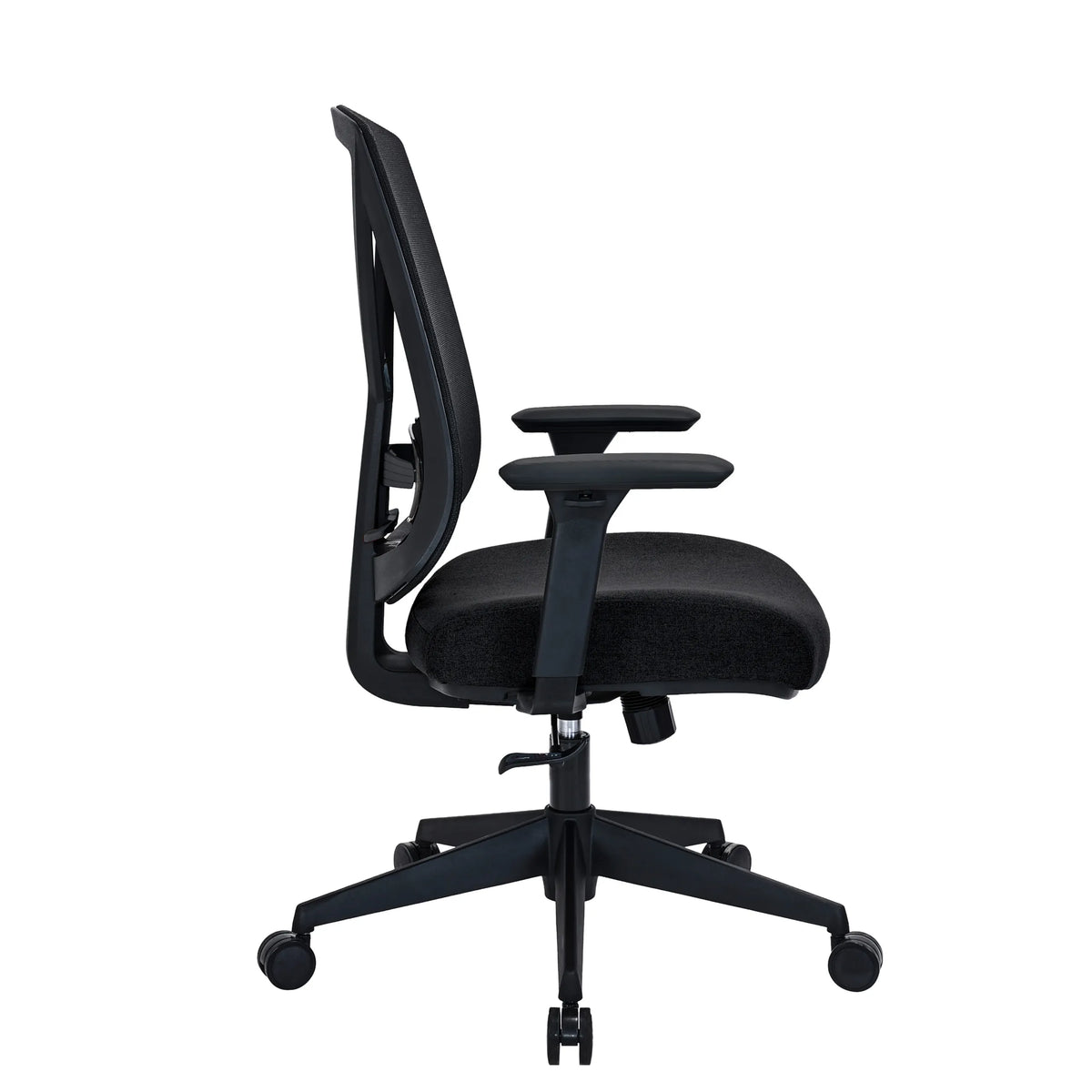 Sidvy av Professionell kontorsstol Mirou i svart med armstöd och stjärnfot med hjul från hjh OFFICE