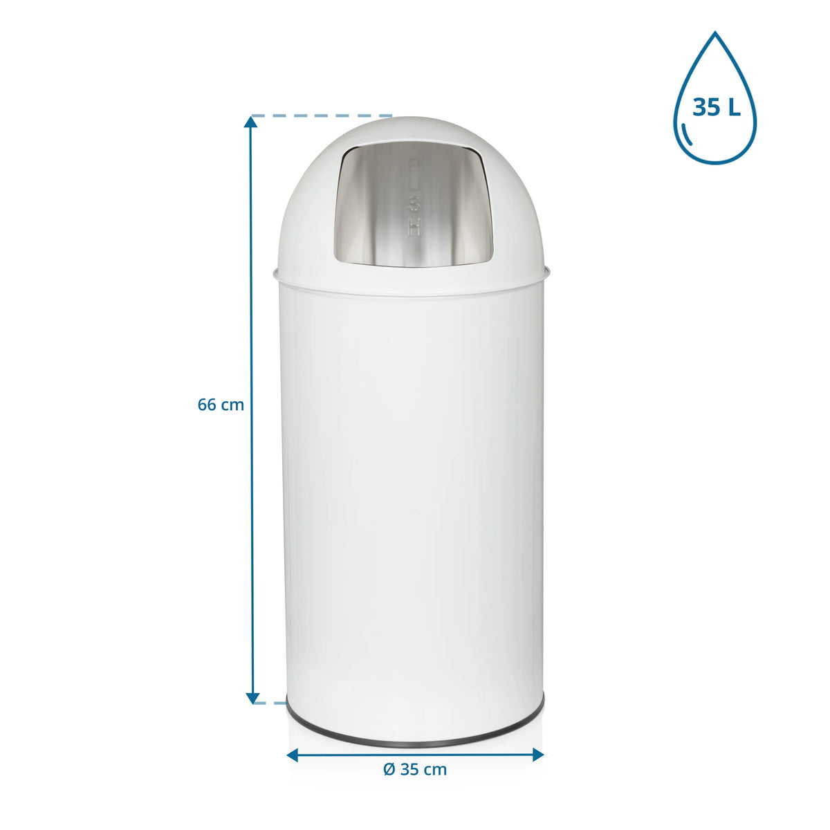 Måttvy av Papperskorg PUSH 35L med en höjd på 66 cm och en diameter på 35 cm från hjh OFFICE