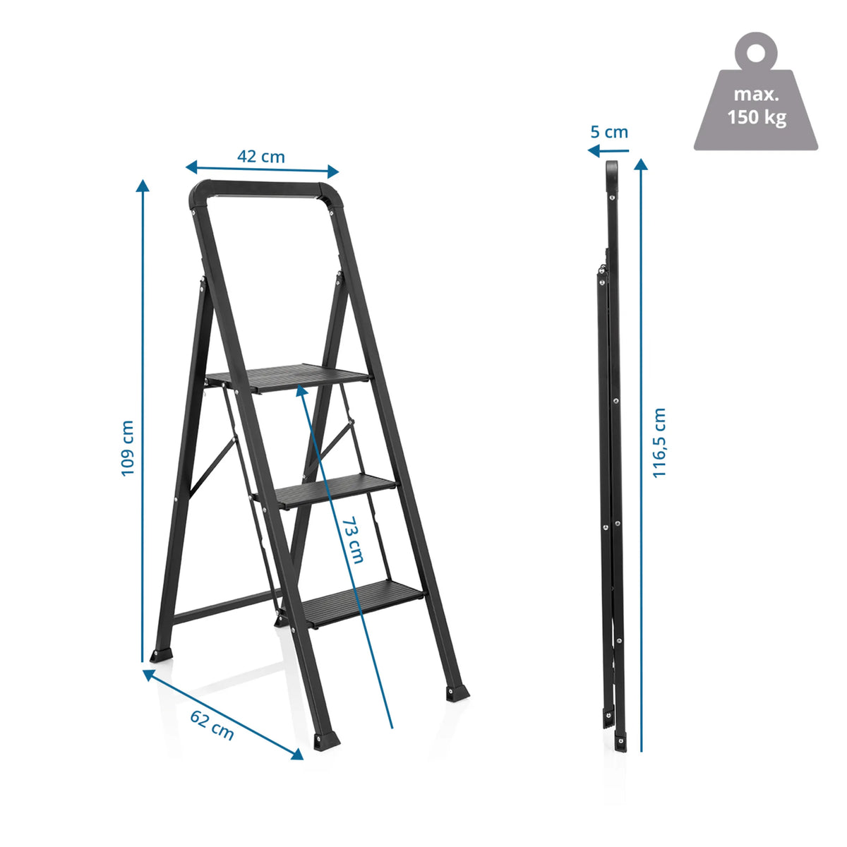 Teknisk ritning av den fällbara stegen SOLID W6 med en höjd på 109 cm från hjh OFFICE