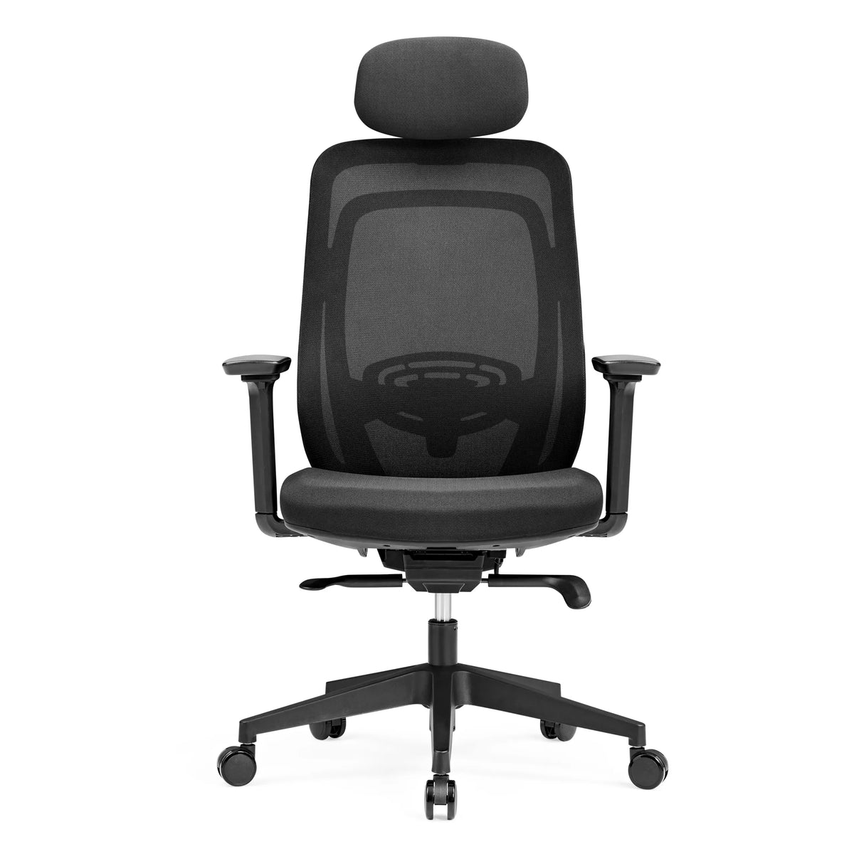 Svart Professionell kontorsstol Vivadapt med nätrygg, nackstöd och femhjulig stjärnfot från hjh OFFICE – 360-gradersvy (framifrån 0°)