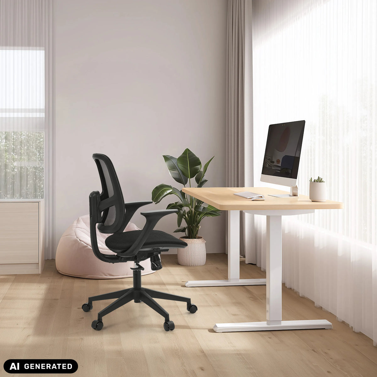 Home Office kontorsstol Malio i svart vid ett höjdjusterbart skrivbord från hjh OFFICE (AI-genererad bild)