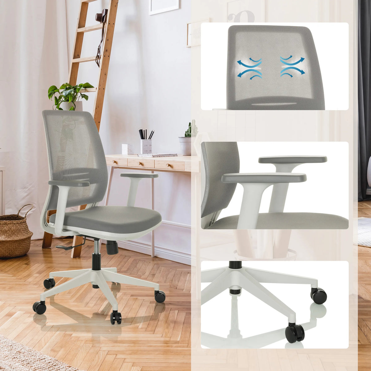 Grå Home Office kontorsstol PROFONDO ECO W med nätrygg, armstöd och vitt underrede från hjh OFFICE