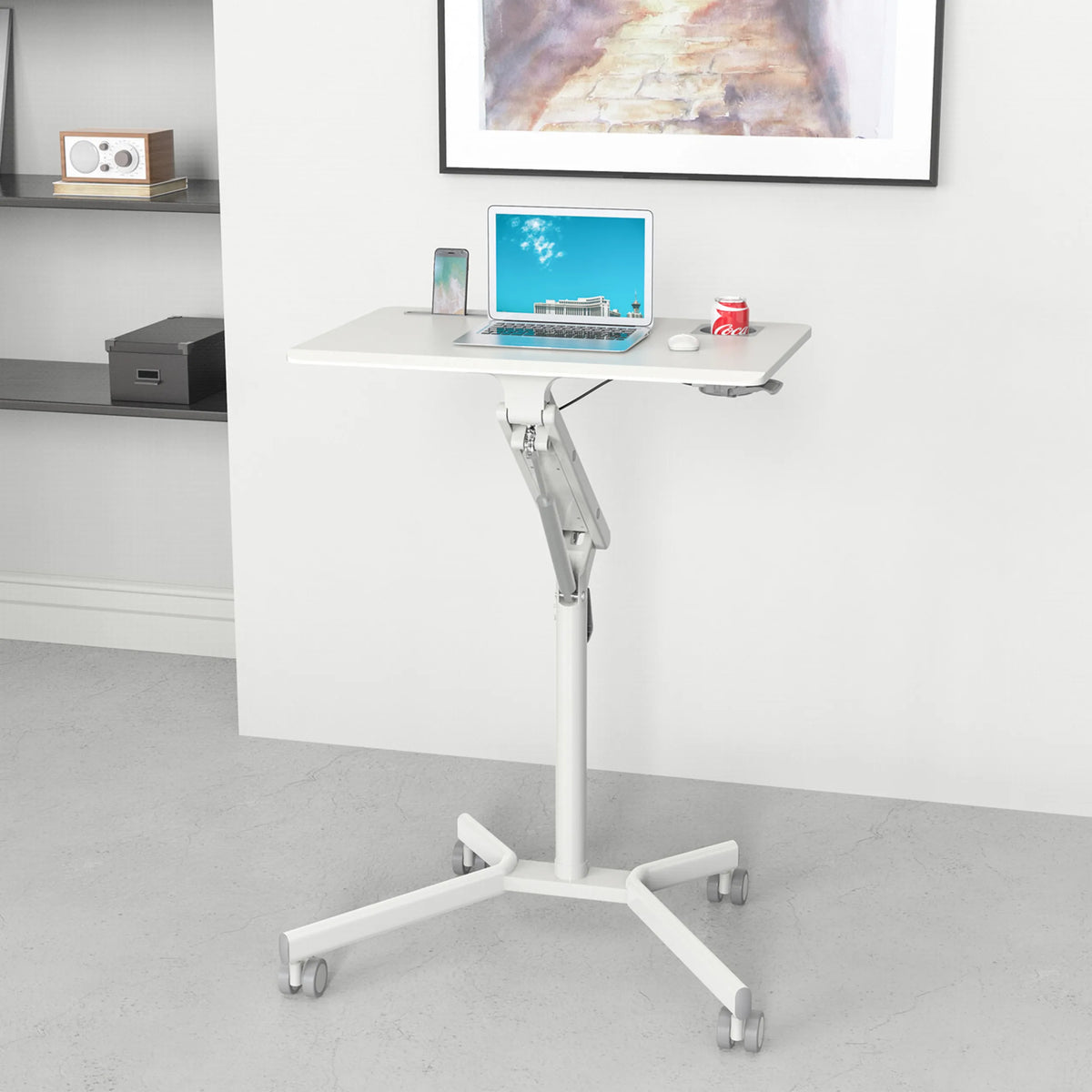 Vitt ståskrivbord STAND VM-SU I med höjdjusterbar ram och korsfot med hjul från hjh OFFICE