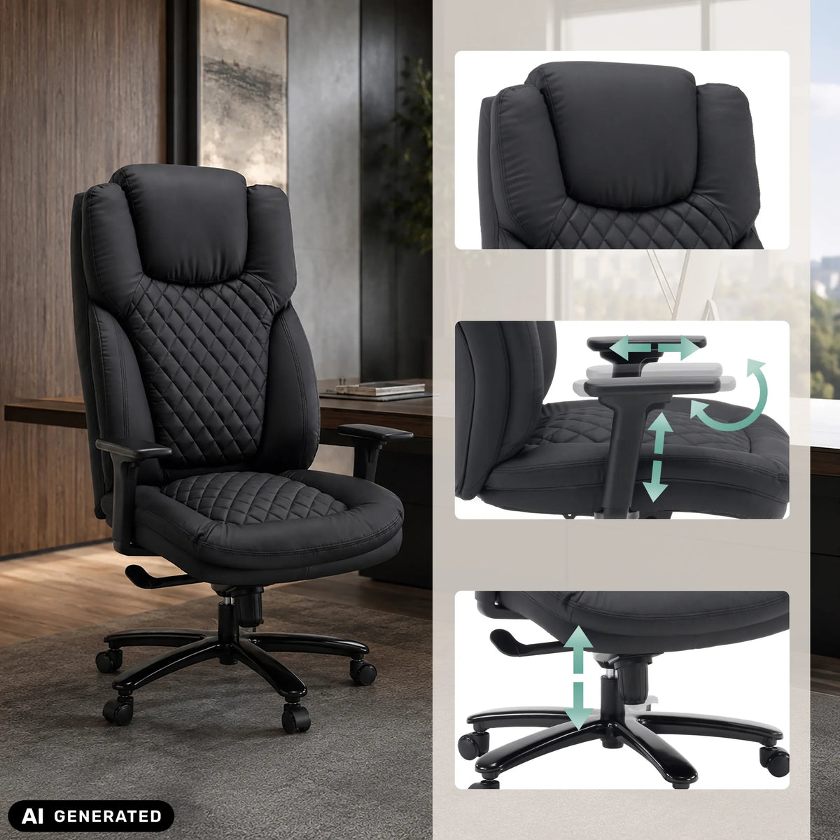 XXL Pullmann Gen2 snurrstol i svart konstläder med justerbara armstöd och gaslift från hjh OFFICE