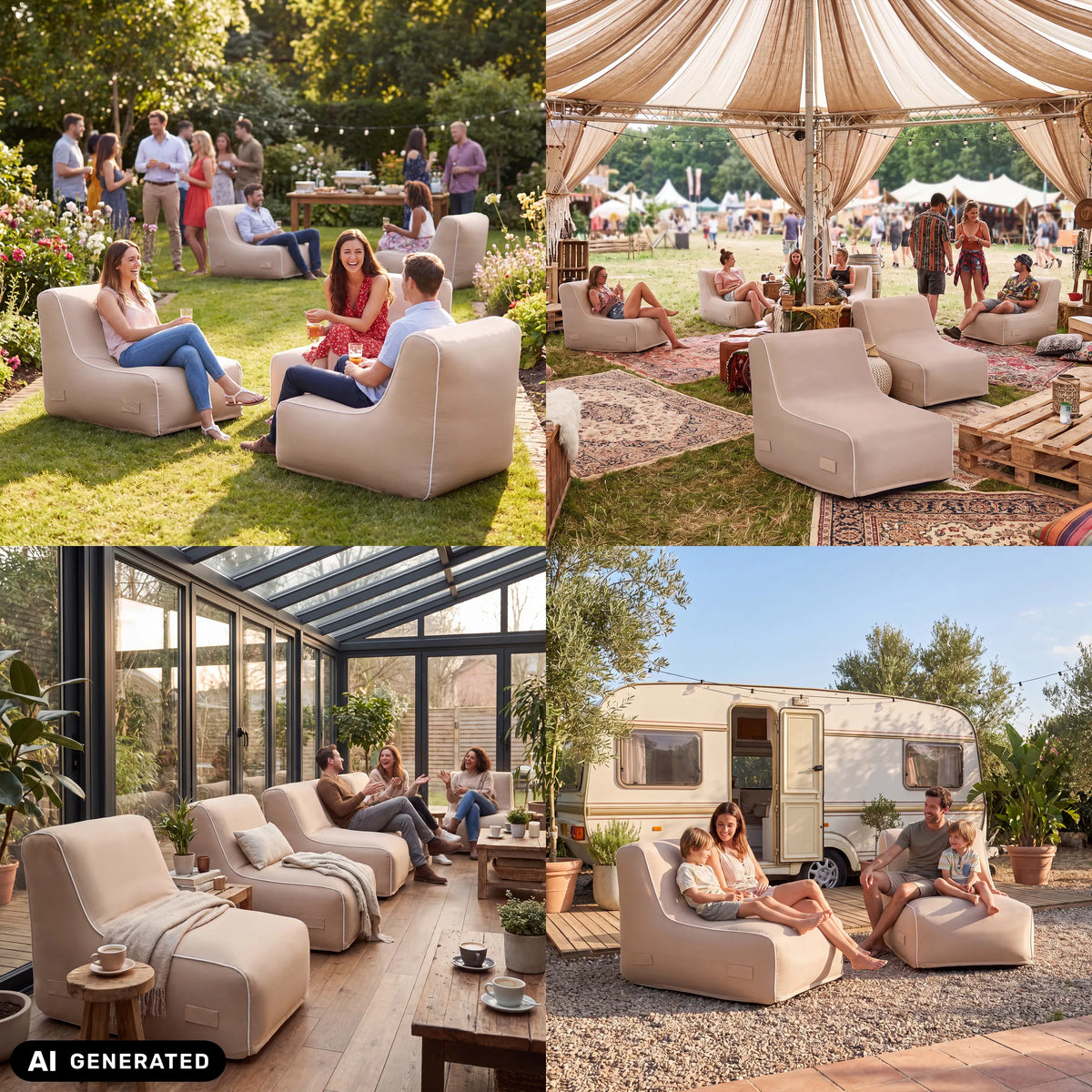 Beige Sitzolo Air uppblåsbara soffor i olika utomhusmiljöer från hjh LIVING (AI-genererad bild)