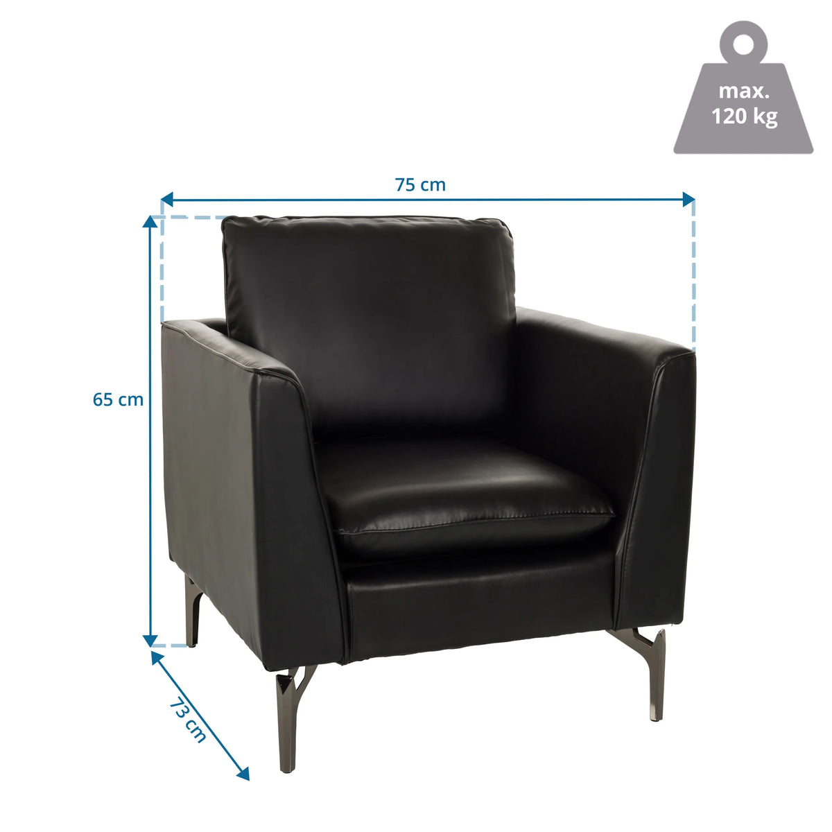Måttritning av Loungefåtölj BAVERO med 75 x 65 cm och maximal belastningsförmåga på 120 kg från hjh OFFICE