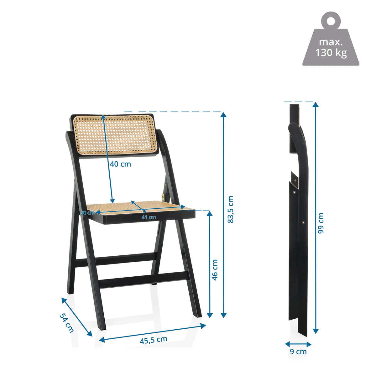 Teknisk ritning av den Hopfällbar stol TUDELA BAMBOO med en total höjd på 99 cm från hjh LIVING