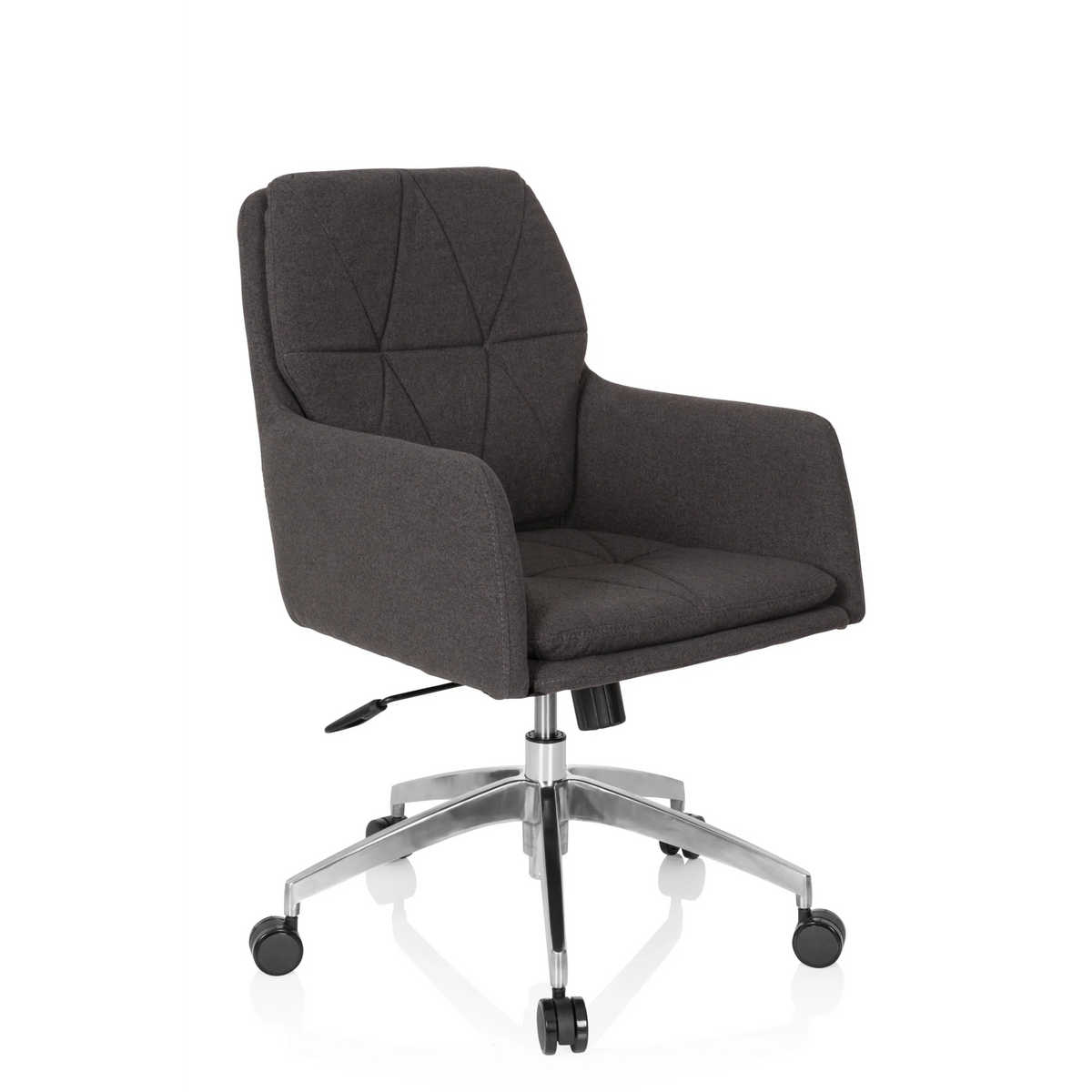 Mörkgrå Home Office kontorsstol SHAKE 350 med quiltat mönster och femhjulig stjärnfot från hjh OFFICE – 360-gradersvy (snett framifrån 40°)