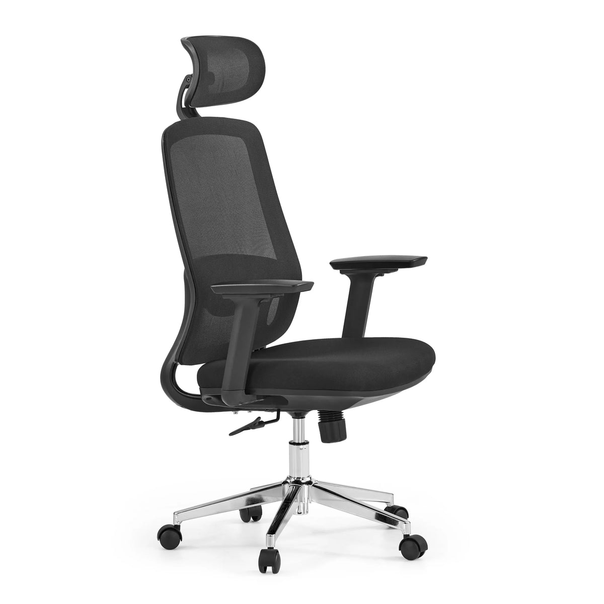 Svart professionell kontorsstol Ergosento med nätrygg, nackstöd och en femstjärnig fotkorsbas med hjul från hjh OFFICE – 360-gradersvy (snett framifrån 60°)