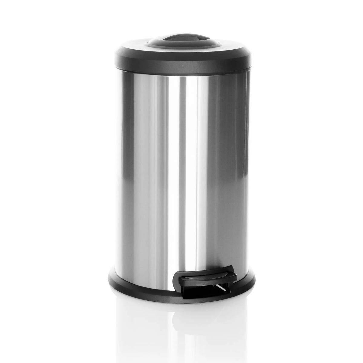 Silverfärgad Papperskorg CLEAN X med svart lock och fotpedal från hjh OFFICE – 360-gradersvy (framifrån 15°)