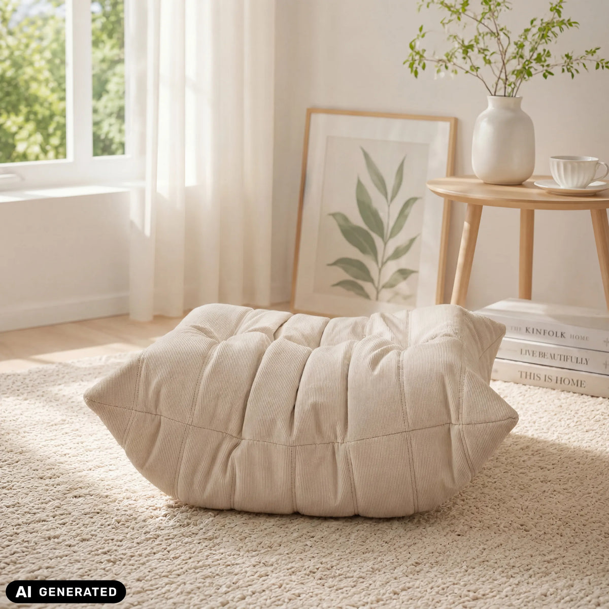 Beige sittsäck Sitzolo Podi med quiltad struktur på en ljus matta från hjh LIVING (AI-genererad bild)