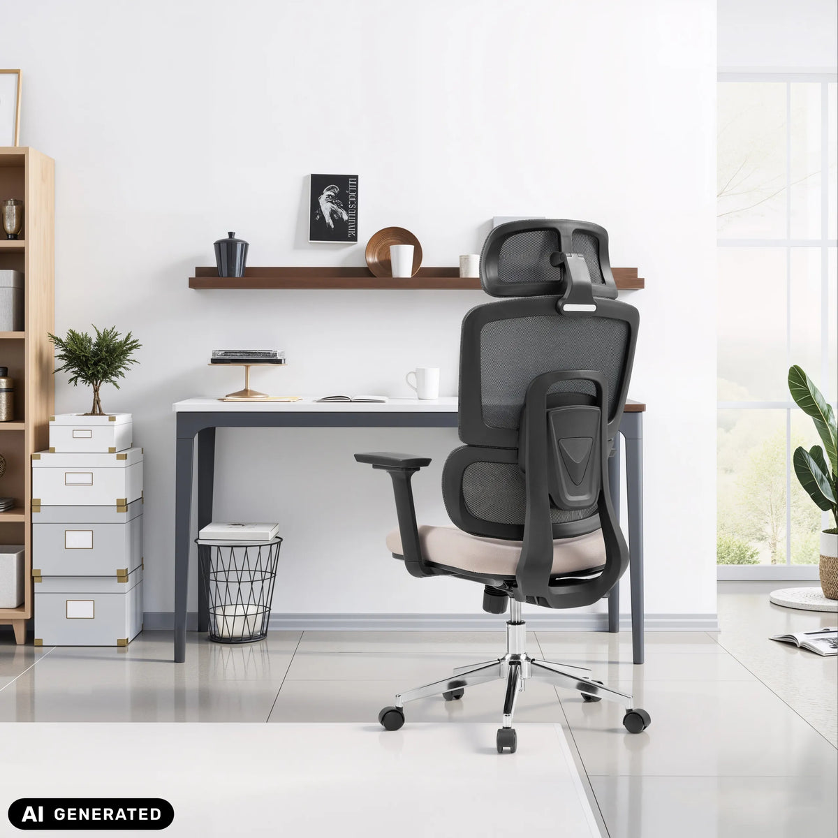 Professionell kontorsstol Ergomy Pro i mörkgrått och beige med ryggstöd i mesh från hjh OFFICE (AI-genererad bild)