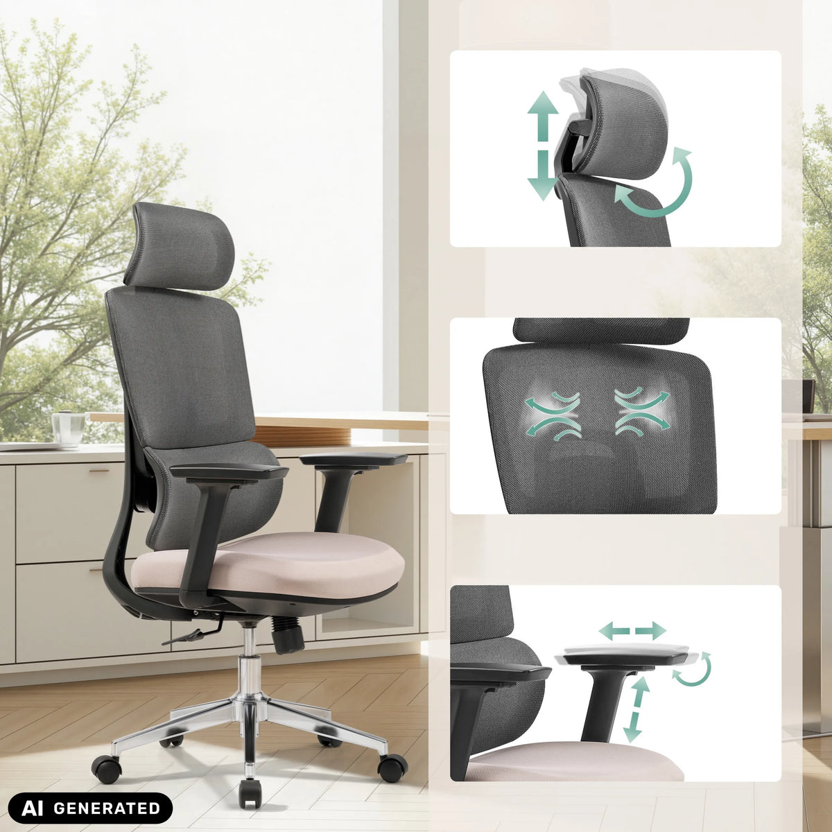 Justerbart nackstöd och armstöd på den professionella kontorsstolen Ergomy Pro från hjh OFFICE (AI-genererad bild)