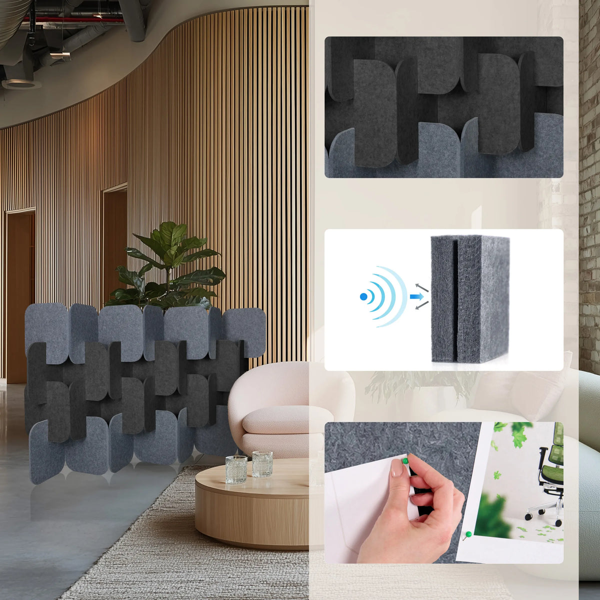 Ljudabsorberande skärmväggar FLEXMIUT PLUG i grått och mörkgrått som modulärt set från hjh OFFICE