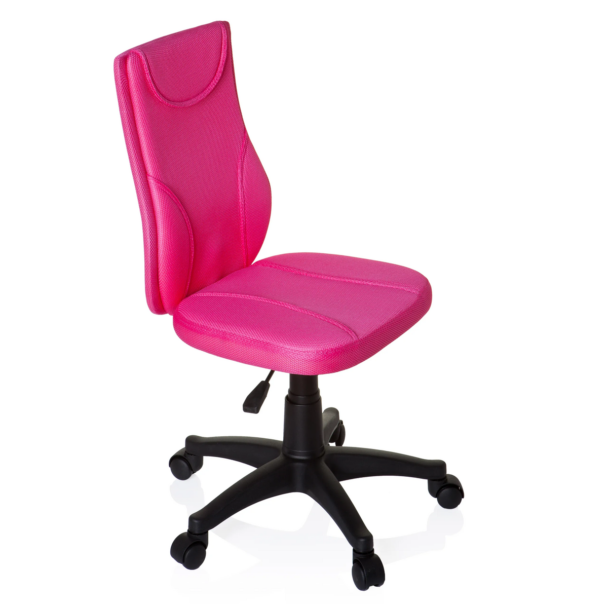 Rosa Snurrstol för barn KIDDY BASE med nätrygg och svart femstjärnigt fotkors med hjul från hjh OFFICE – 360-gradersvy (snett framifrån 60°)