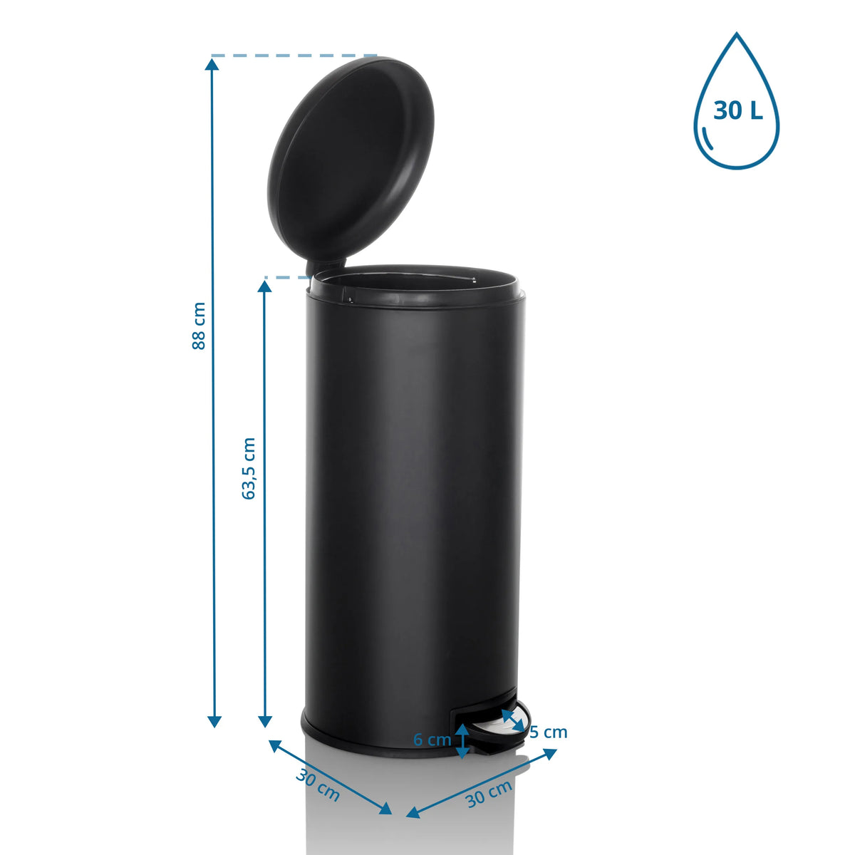 Måttsättning av papperskorg CLEAN STEP med 30 liters volym och 88 cm total höjd från hjh OFFICE