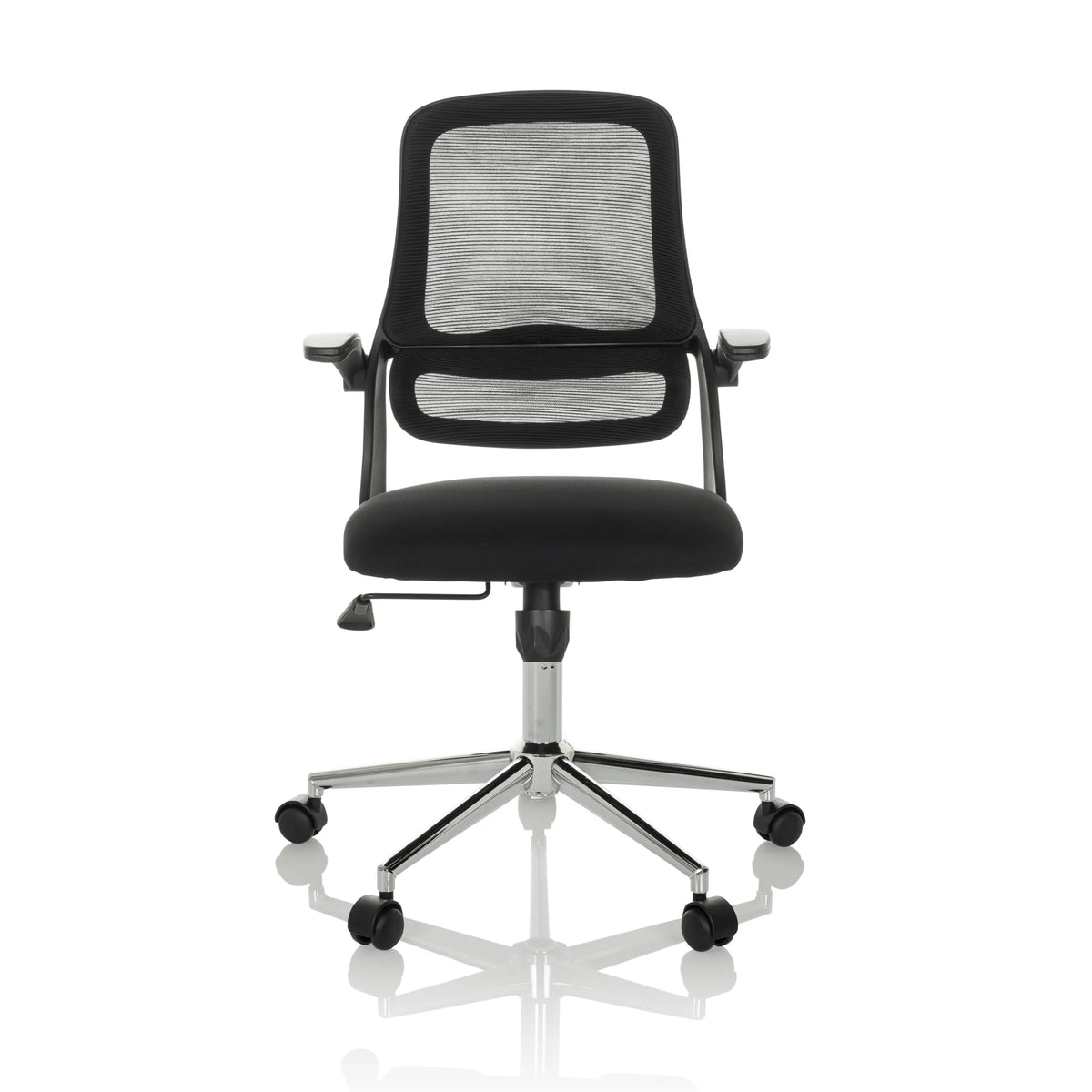 Schwarzer Homeoffice-Bürostuhl MIKO B ECO mit Netzrücken und Fußkreuz mit fünf Rollen von hjh OFFICE – 360-Grad-Ansicht (Frontansicht 0°)