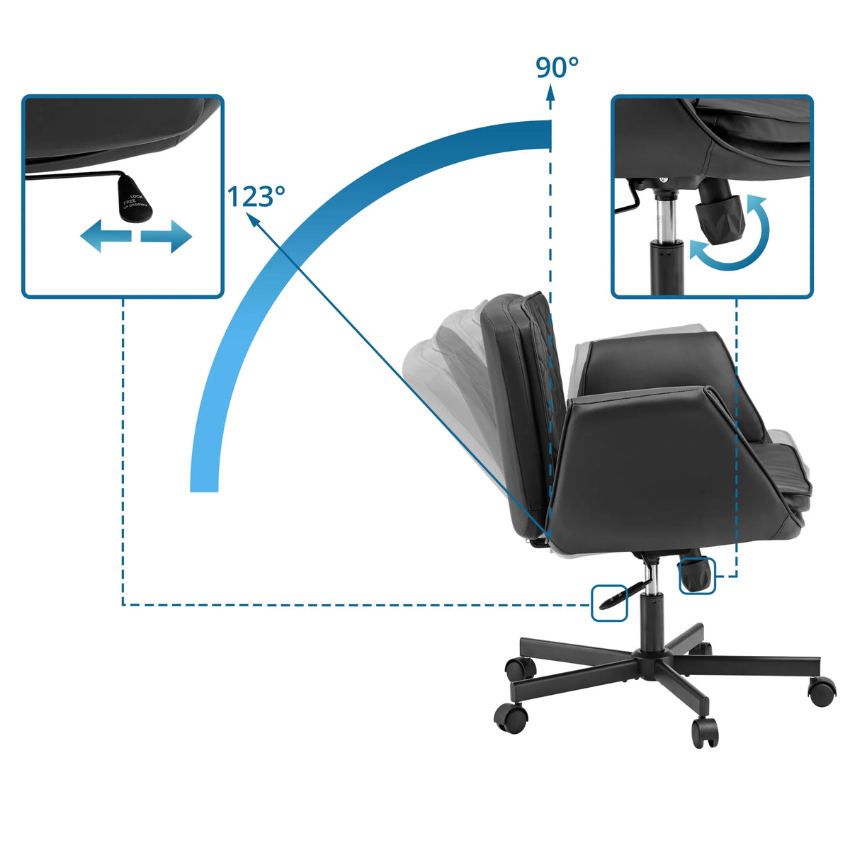 Justerbart ryggstöd med en lutningsvinkel från 90° till 123° på Home Office kontorsstol Criss-Cross 10 från hjh LIVING