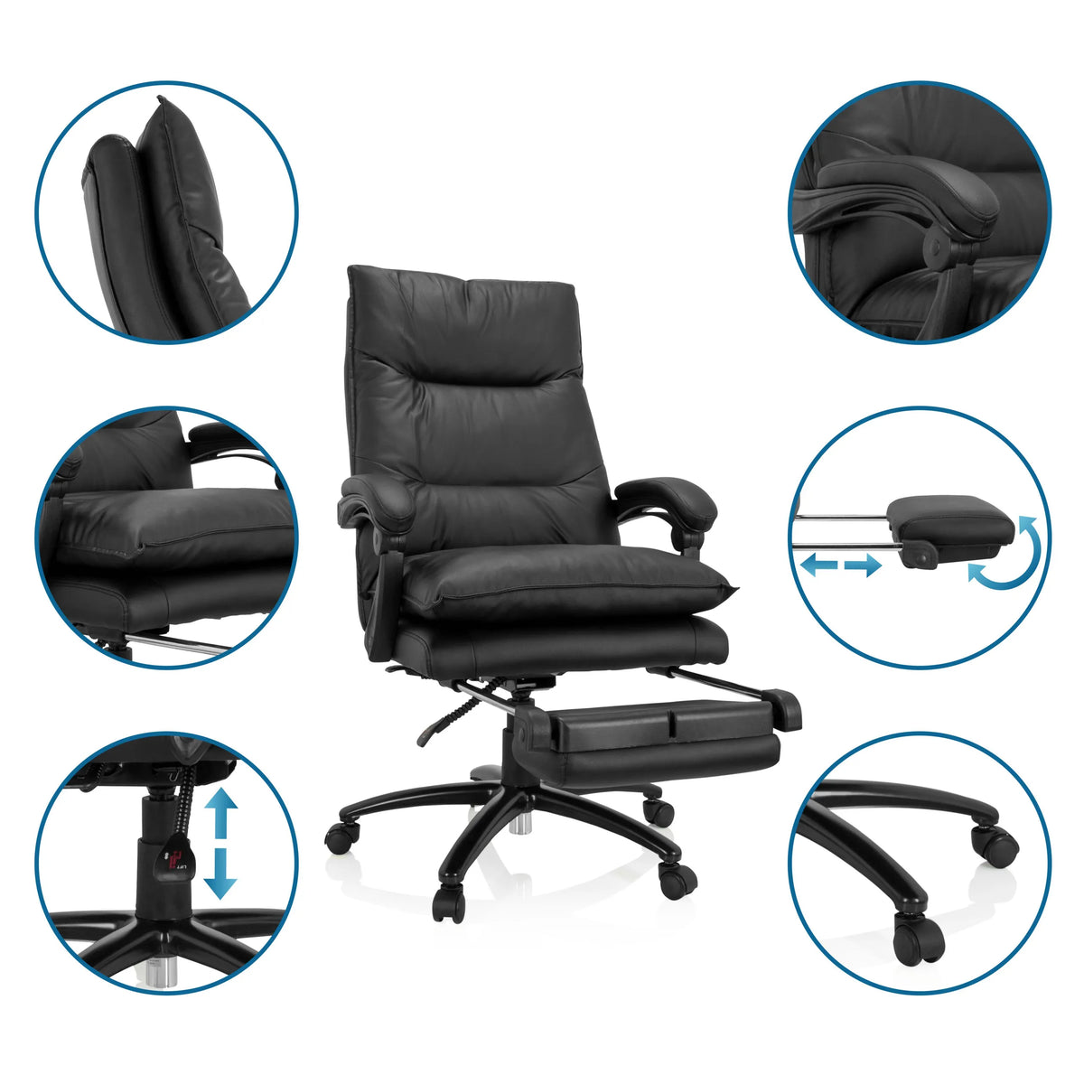 Home Office chefsfåtölj RELAX CL 200 i svart konstläder med utdragbart fotstöd och detaljvyer från MyBuero