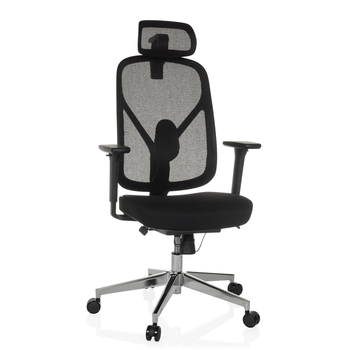 Svart Professionell kontorsstol RALOO PRO med nätrygg och femstjärnig fotkorsbas med hjul från hjh OFFICE – 360-gradersvy (framifrån 15°)
