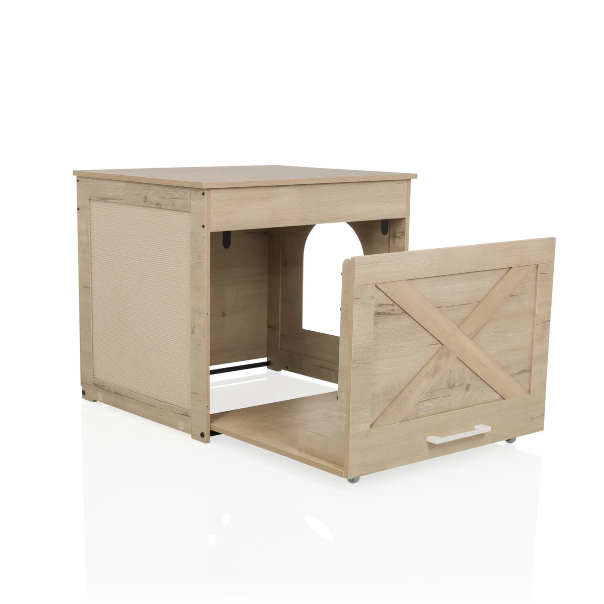 Katthus KITTY PAWBOX 1 i eklook med öppen frontlucka och integrerad liggyta från hjh LIVING