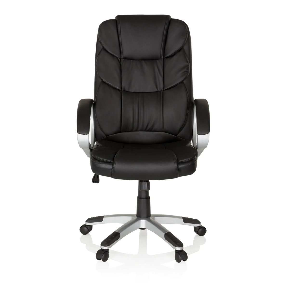 Svart Home Office chefsfåtölj RELAX BY155 med armstöd och femhjulig fotkorsbas från MyBuero – 360-gradersvy (framifrån 0°)