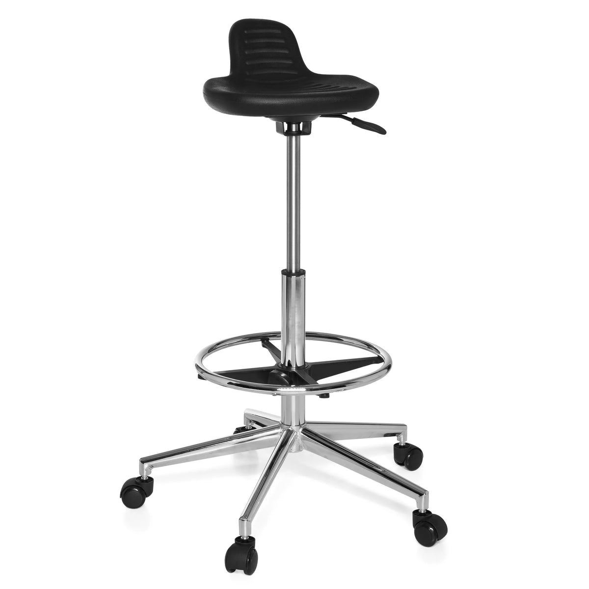 Svart Svängbar stol TOP WORK 03 med fotring och femhjulig stjärnfot från hjh OFFICE – 360-gradersvy (framifrån 20°)