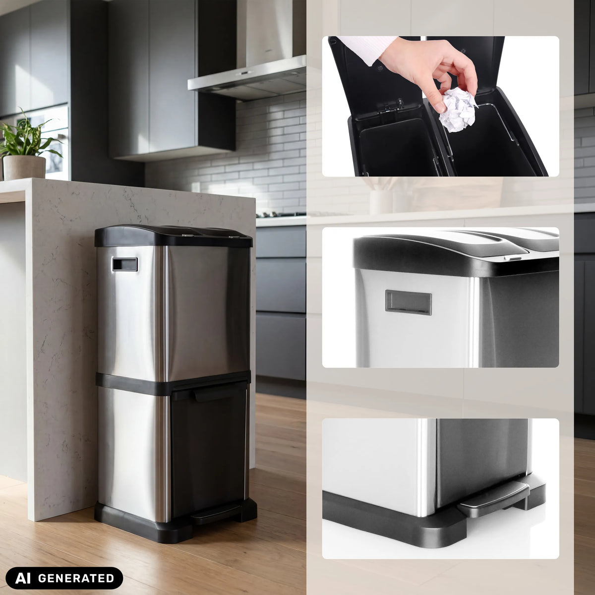 Två separata avfallskärl från CLEAN VII papperskorgen i silver med fotpedal från hjh OFFICE (AI-genererad bild)