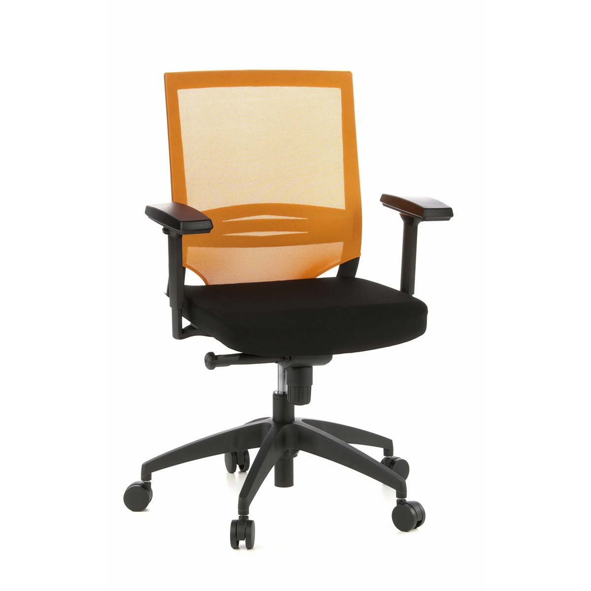 Svart-orange Professionell kontorsstol PORTO BASE med nätrygg och femhjulig fotkorsbas från hjh OFFICE – 360-gradersvy (framifrån 20°)