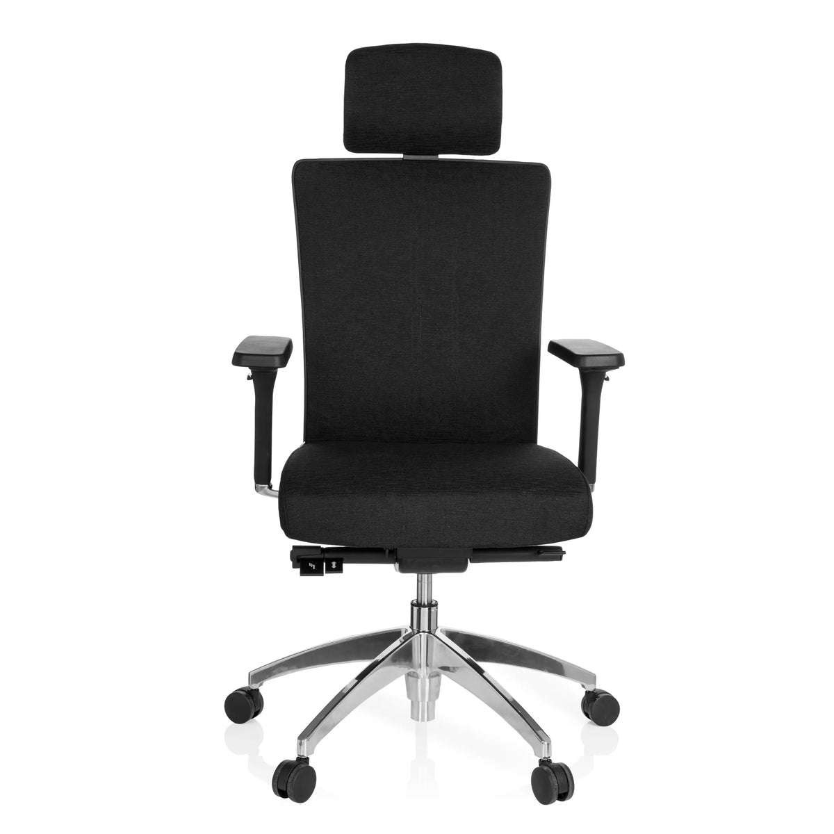 Svart Professionell kontorsstol ASTRA LUX med nackstöd, armstöd och femstjärnigt fotkors med hjul från hjh OFFICE – 360-gradersvy (framifrån 0°)