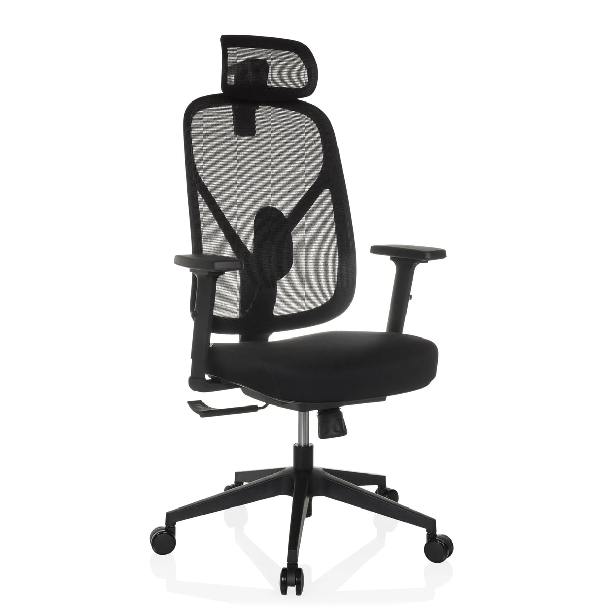 Svart Professionell kontorsstol RALOO ECO med nätrygg och femstjärnig fotkorsbas med hjul från hjh OFFICE – 360-gradersvy (snett framifrån 30°)