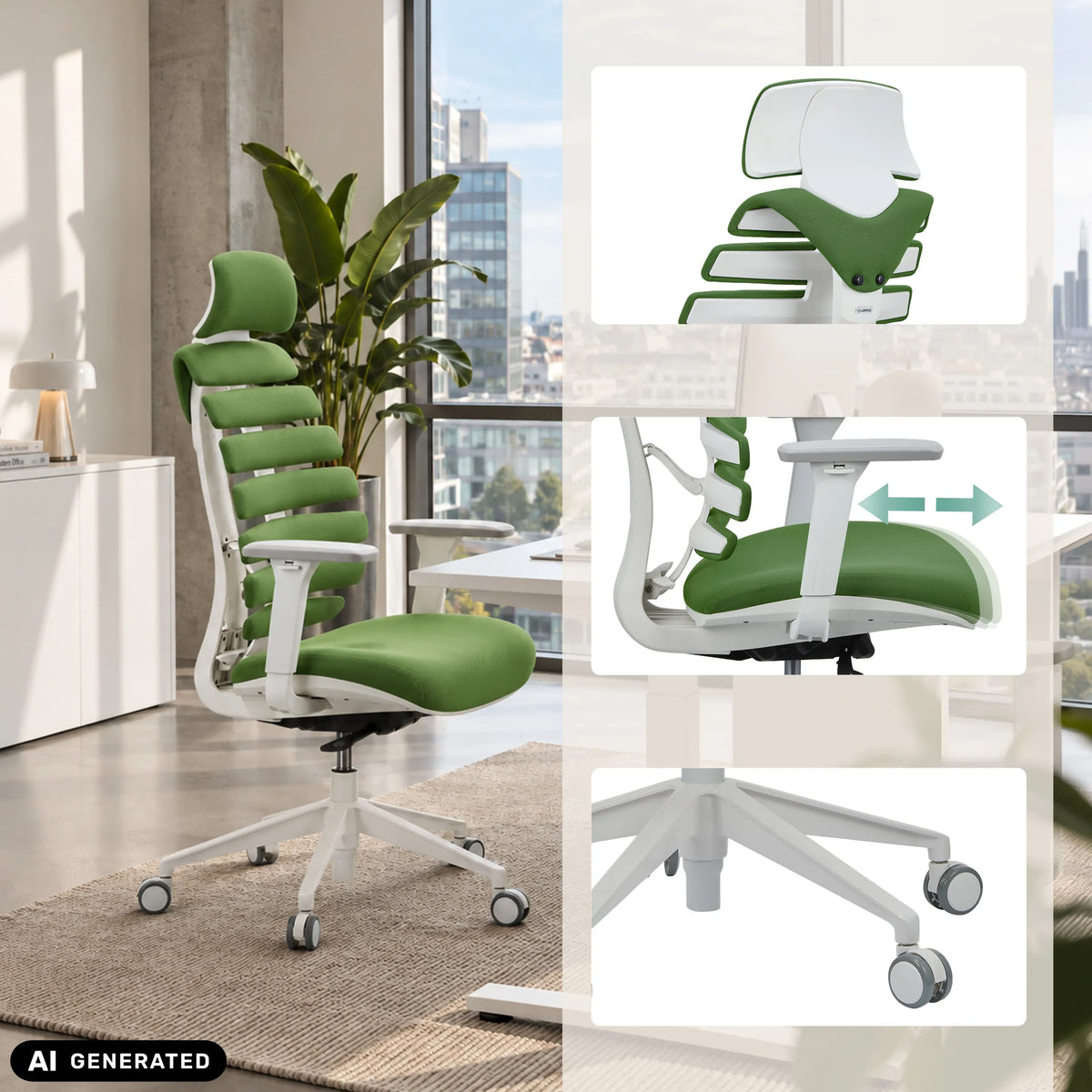 Professionell kontorsstol ERGO LINE W i Mystic Forest med detaljvyer från hjh OFFICE (AI-genererad bild)