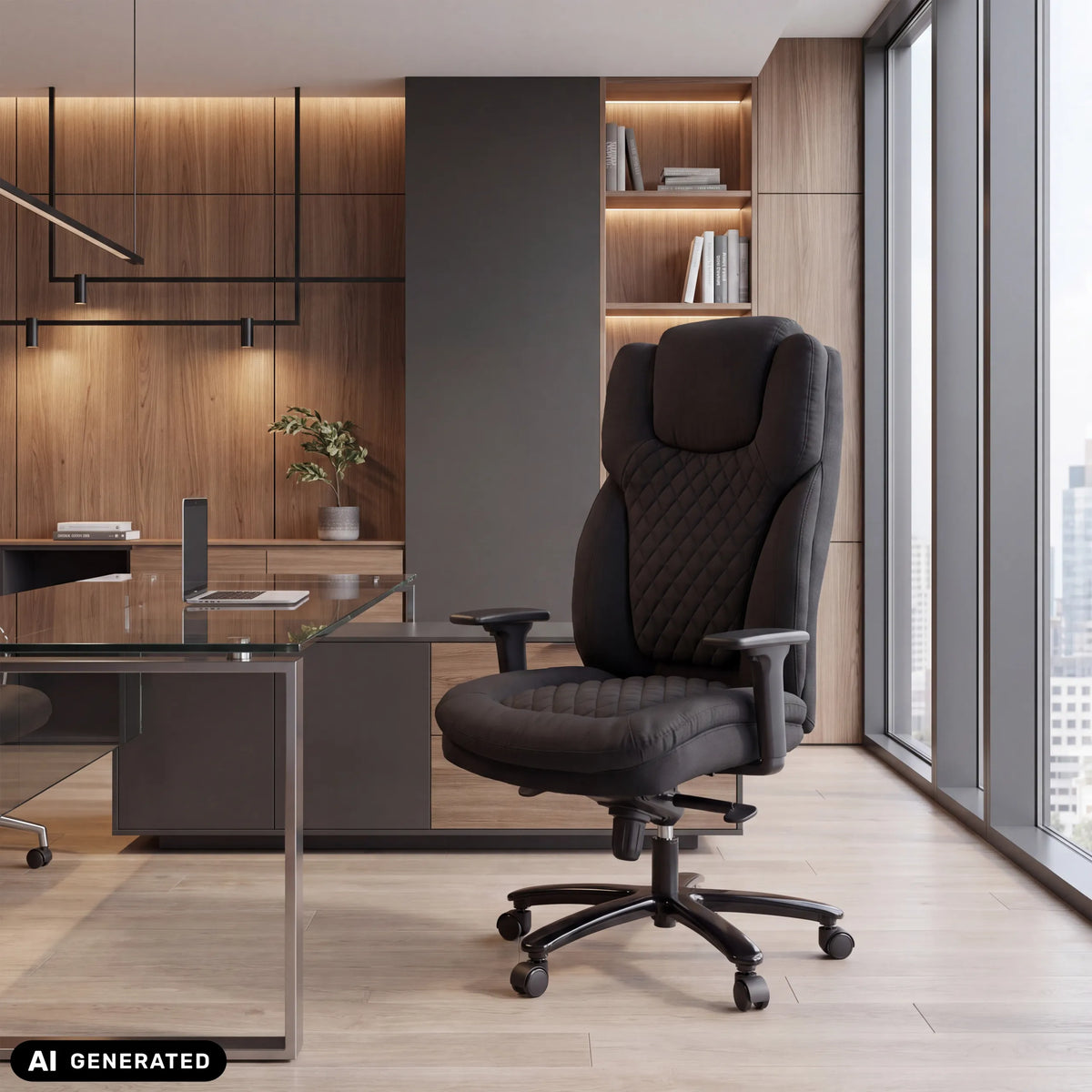 Svart XXL Pullmann Gen2 snurrstol med quiltad tygbeklädnad och armstöd i ett modernt kontor från hjh OFFICE