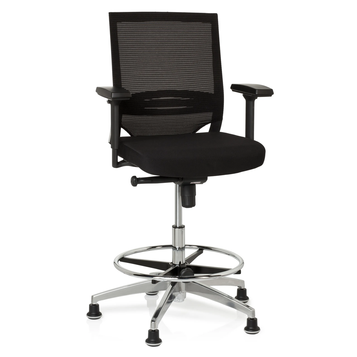 Svart Bardiskstol TOP WORK 77 med nätrygg, fotring och fem glidskydd från hjh OFFICE – 360-gradersvy (framifrån 20°)