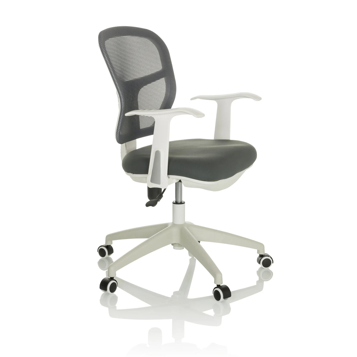 Grå Home Office kontorsstol TOP 108 W med nätrygg och femstjärnigt fotkors med hjul från hjh OFFICE – 360-gradersvy (snett framifrån 60°)
