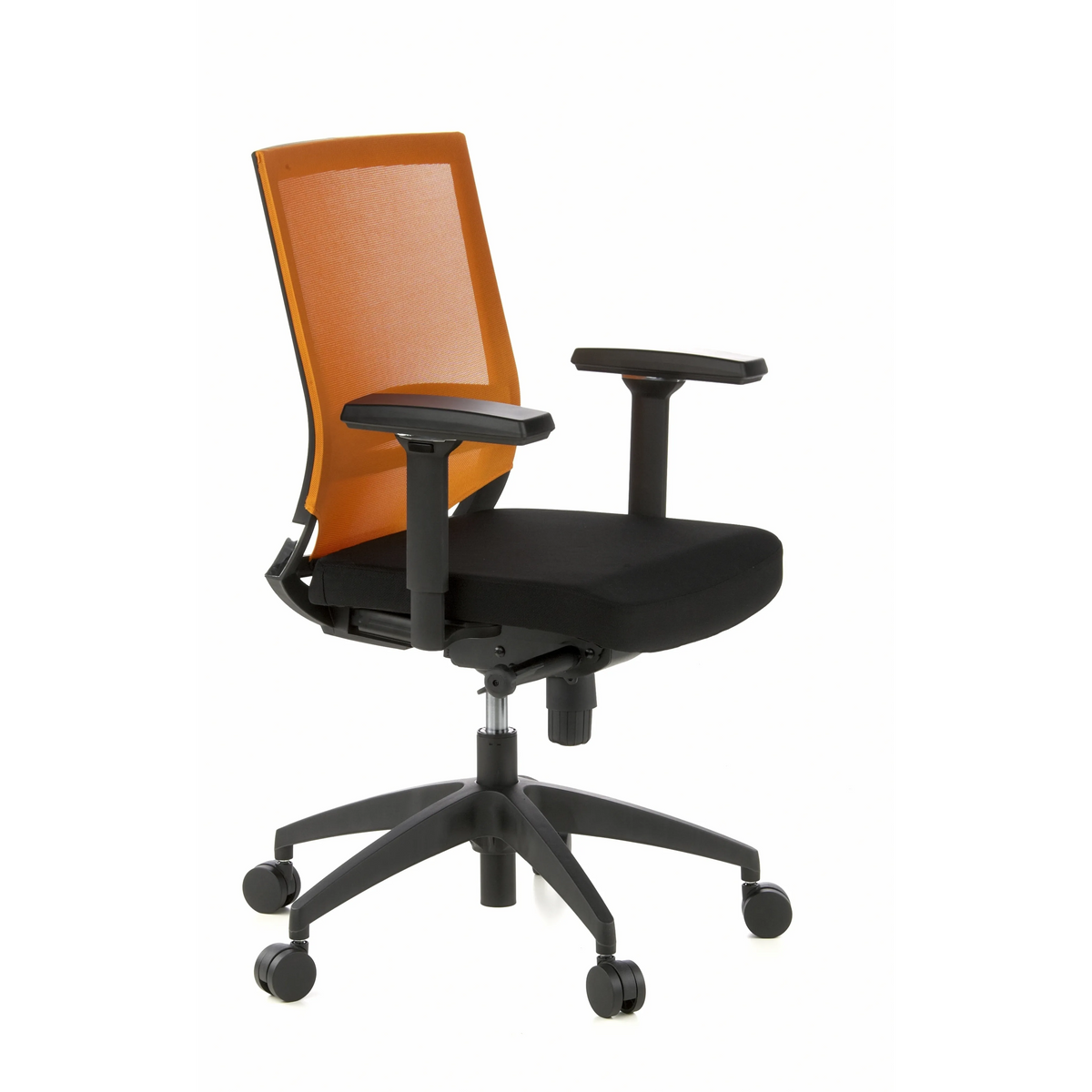 Svart-orange Professionell kontorsstol PORTO BASE med nätrygg och femhjulig fotkorsbas från hjh OFFICE – 360-gradersvy (snett framifrån 60°)