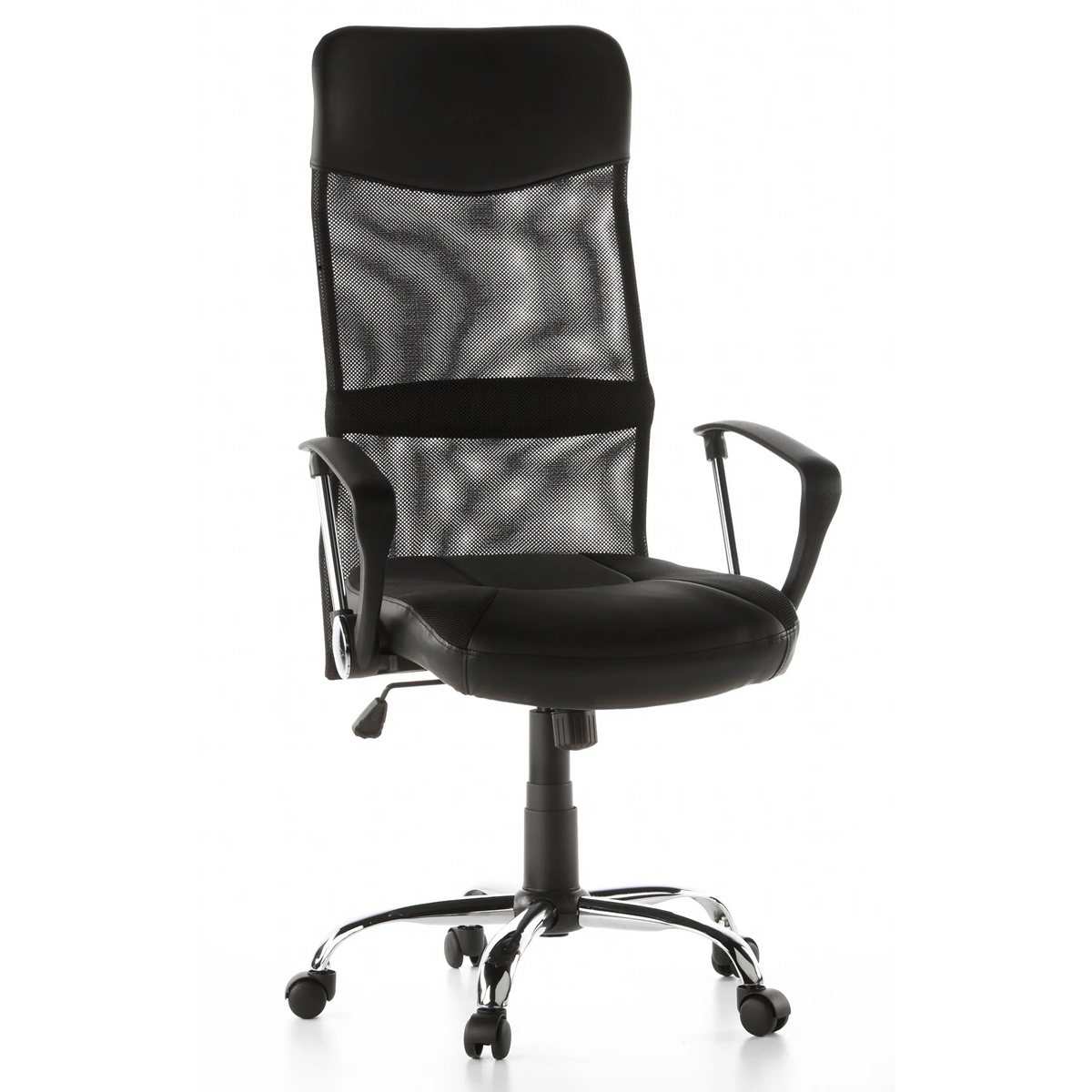 Svart Home Office chefsfåtölj STRYKA med nätrygg, konstlädersits och stjärnfot från hjh OFFICE – 360-gradersvy (framifrån 20°)