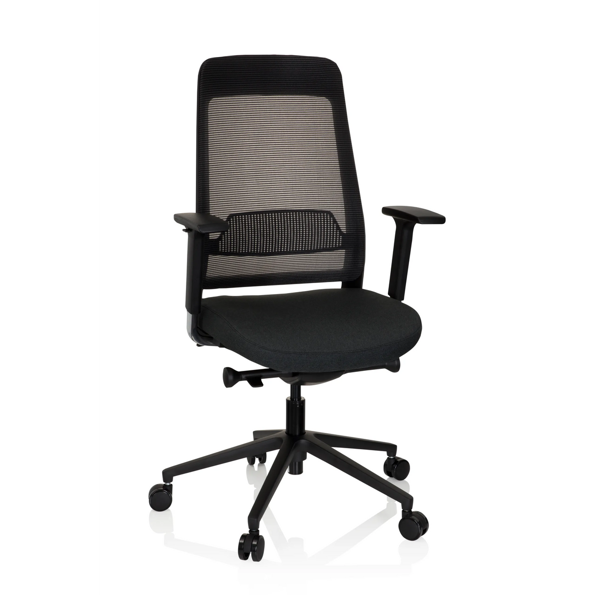 Svart Professionell kontorsstol CHIARO T1 BLACK med nätrygg och femstjärnigt fotkors med hjul från hjh OFFICE – 360-gradersvy (framifrån 20°)