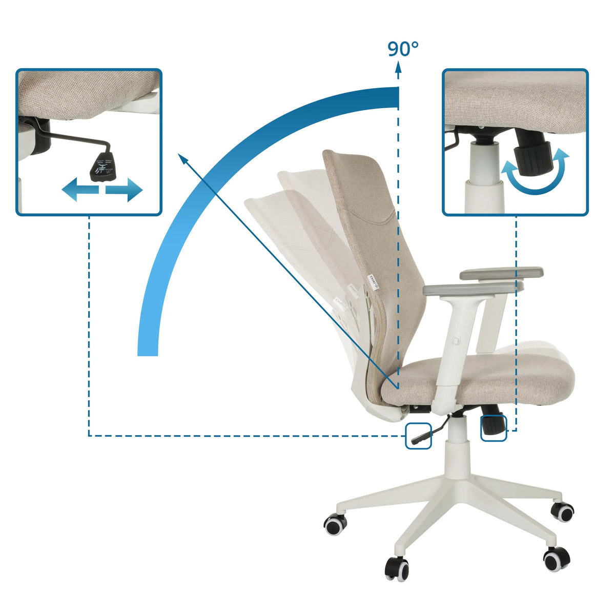 Justeringsmöjligheter för ryggstöd och sitthöjd på COSIO II Home Office kontorsstol med en 90° vinkel från hjh OFFICE