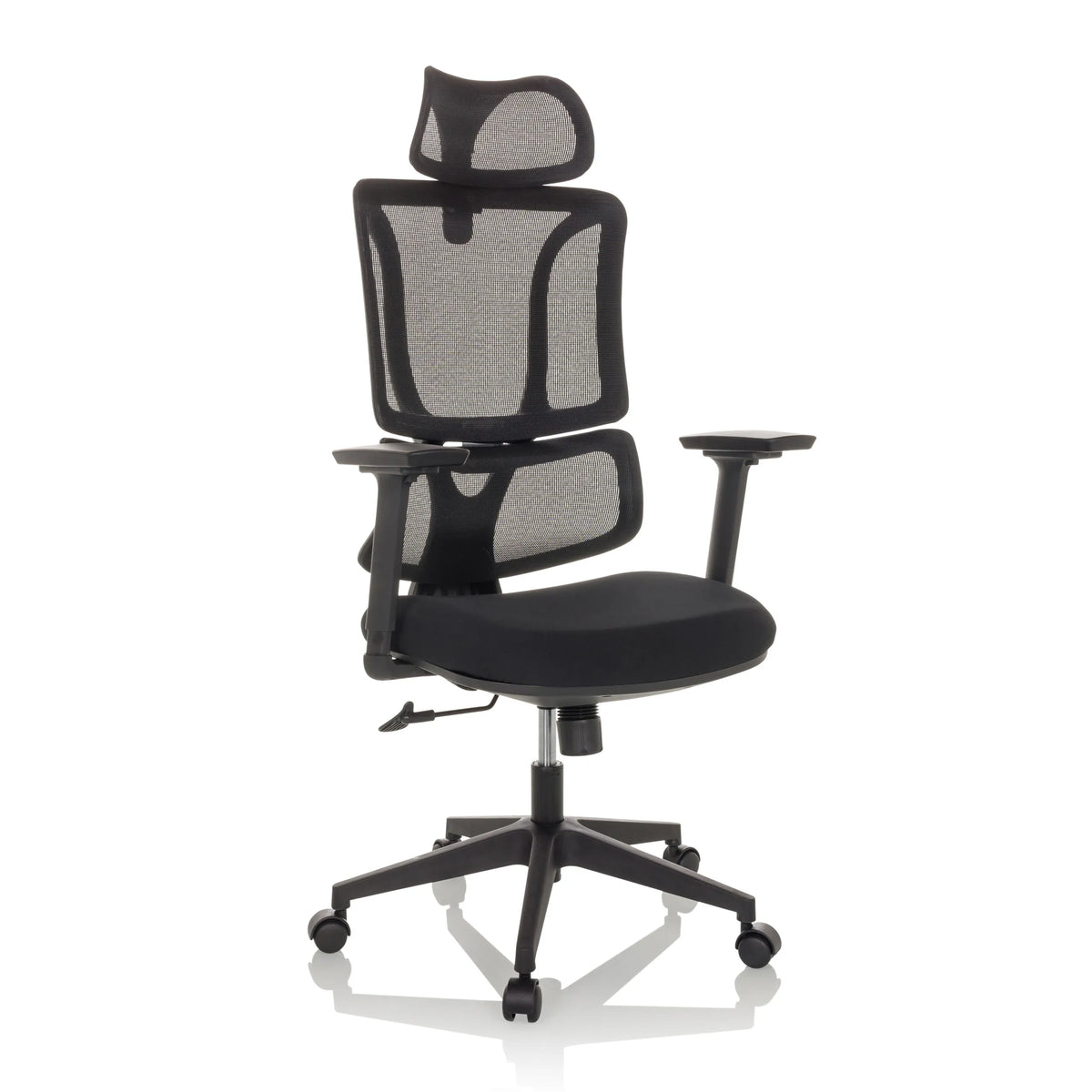 Svart Home Office kontorsstol ERGOMY med nätrygg och femstjärnig fotkorsbas med hjul från MyBuero – 360-gradersvy (snett framifrån 30°)